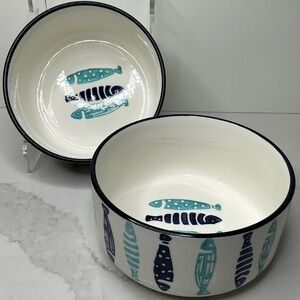 2 Signature Housewares 6" Ceramic Serving Bowl w/ Blue & Aqua Fish Design New